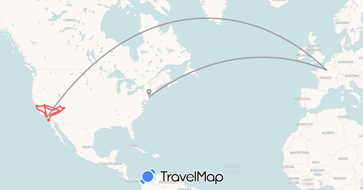 TravelMap itinerary: plane, hiking in France, United States (Europe, North America)